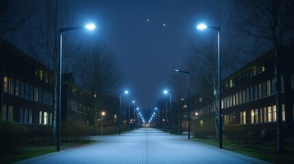 Serene Night Street: Illuminated Pathway at Night