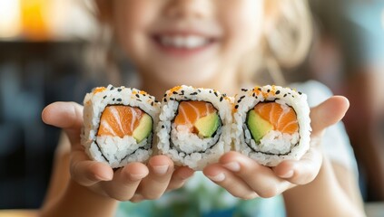 Happy child presents sushi rolls in restaurant