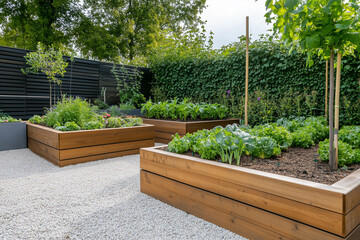 A modern vegetable garden with raised wooden beds . Raised beds gardening 