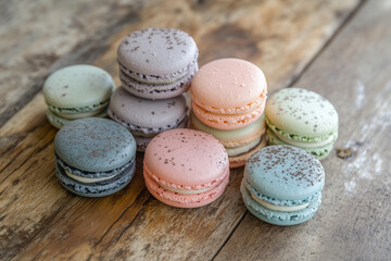 Fototapeta premium Close up colorful macarons dessert with vintage pastel tones on wooden background 