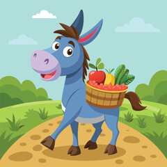 Naklejka premium Donkey Carrying a Basket of Fresh Produce