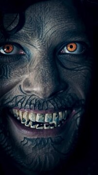 Extreme close-up of menacing character with textured gray skin, glowing amber eyes, and disturbing grin revealing discolored teeth. Dramatic lighting heightens sinister horror aesthetic.
