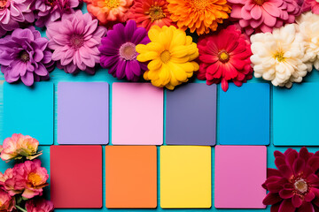 Mockup with a beautiful composition of flowers and blank color swatch cards.