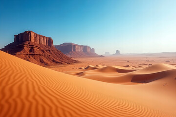 Naklejka premium Expansive Desert Landscape with Rolling Sand Dunes and Distant Rock Formations Under Clear Blue Sky in a Southwestern United States Setting