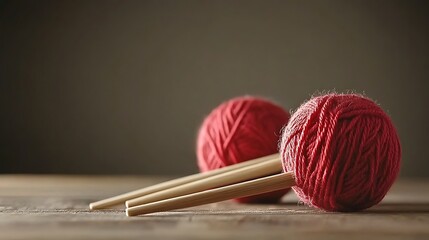 Crimson yarn balls and knitting needles on a rustic wooden surface
