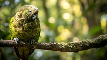 A kakapo parrot perched on a branch in the New Zealand rainforest