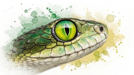 "A deadly viper’s venomous green eye, slit pupil zoomed, on a white background with eerie green and yellow paint splashes."