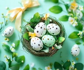 Pastel Easter Eggs in a Nest with Spring Flowers and Ribbon