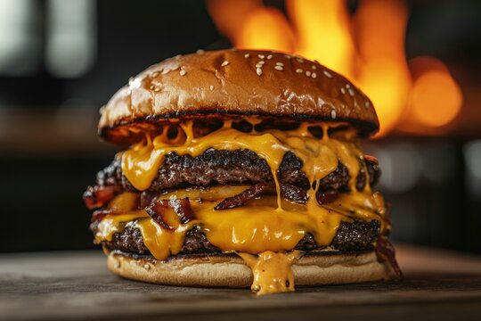 Juicy double cheeseburger bacon fire background restaurant food