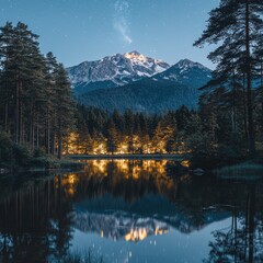 Serene mountain lake at night