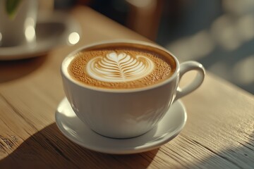 Latte art, cafe, sunlight, wooden table, morning