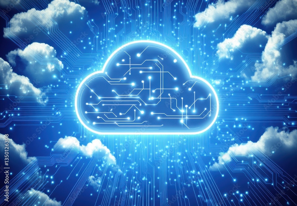 Poster cloud symbol surrounded by interconnected dots and lines, representing the connection between differ