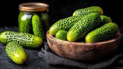 Fresh gherkins in wooden bowl and jar.