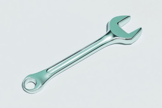 A metallic adjustable wrench on a light background