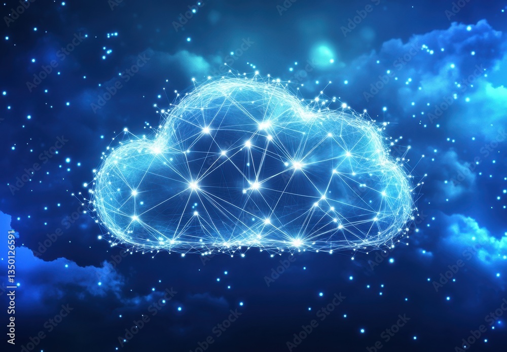 Poster a cloud symbol with connected dots and lines representing the interconnected nature of clouds in dat