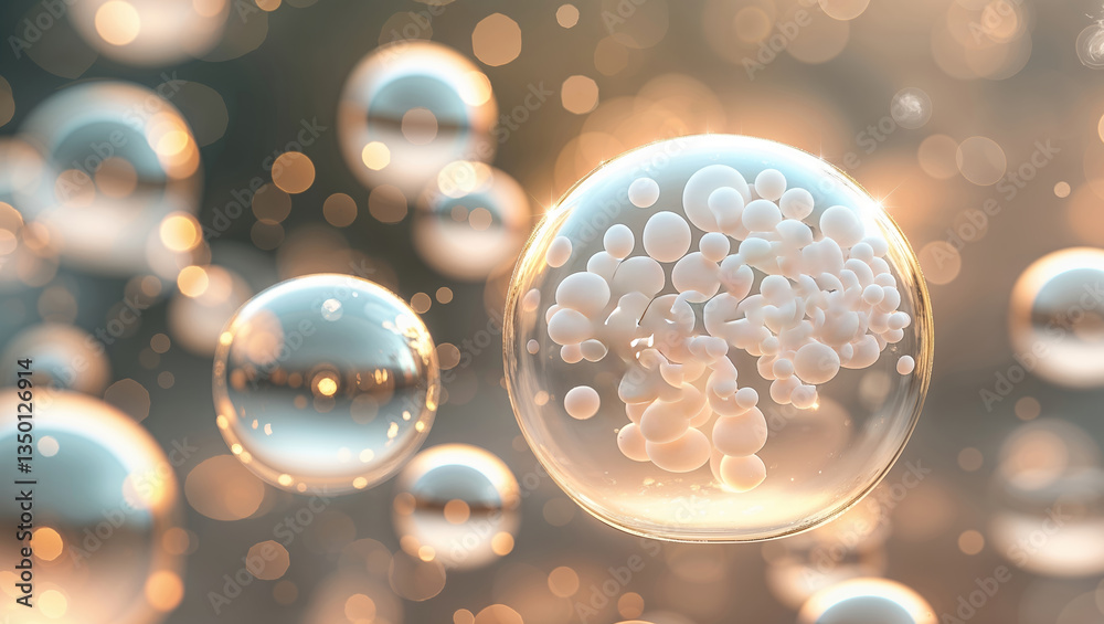 Poster bubbles with soft reflections and light creating an ethereal atmosphere in a serene environment