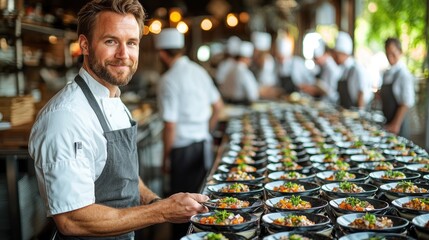Chef preparing food in a busy kitchen