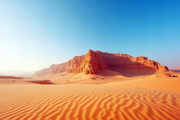 Naklejka premium Warm Sandy Desert Landscape with Ripples and Blue Sky Scenic Dunes and Distant Mountains Under Clear Sunny Sky In Arid Climate