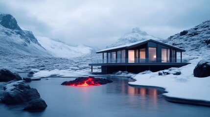 Fototapeta premium Modern cabin nestled in a snowy mountain landscape, reflecting warmth beside a frozen lake