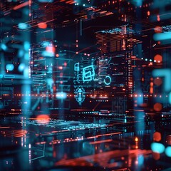 Obraz premium Abstract futuristic digital interface with glowing blue and orange lines, geometric shapes, and data visualizations. Represents technology and cyberspace.