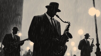 A moody, monochromatic scene of jazz musicians playing in the rain, evoking a nostalgic, atmospheric vibe with streetlights illuminating the night.