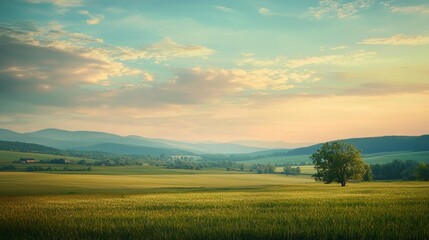 Obraz premium Serene Landscape with Rolling Hills and Lone Tree at Sunset Horizon