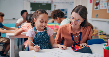 Education, girl and teacher in classroom, help and support with literacy knowledge. Child...