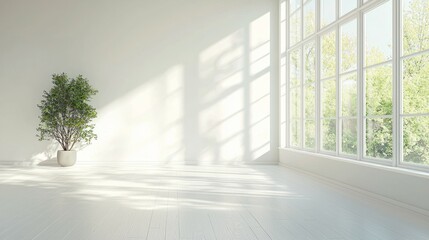 Fototapeta premium Bright and Minimalist Interior with Large Windows and Indoor Plant