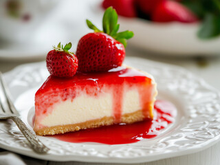 Piece of Classic baked Cheesecake with a strawberry topping sauce. National Cheesecake Day 