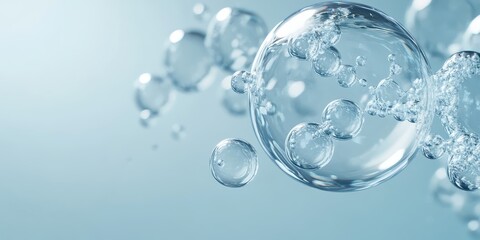 liquid bubble containing molecules floating on a light blue water background