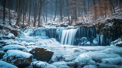 Serene Waterfall in Winter Landscape with Snow-Covered Rocks