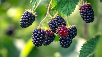 A bunch of ripe blackberry fruits on a branch with green leaves.Ripe blackberry fruits in the garden or forest.Blackberry harvest. 