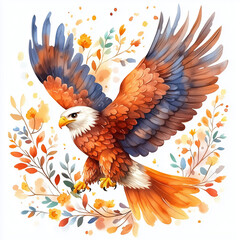Obraz premium Watercolor Style Eagle with Cute Flowers