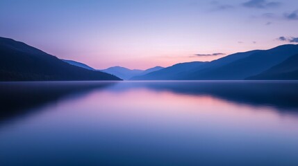 Serene Calmness of Twilight Over Still Waters in Mountain Landscape