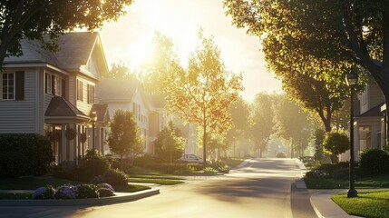 Fototapeta premium Serene Suburban Street at Sunrise with Lush Greenery and Warm Lights