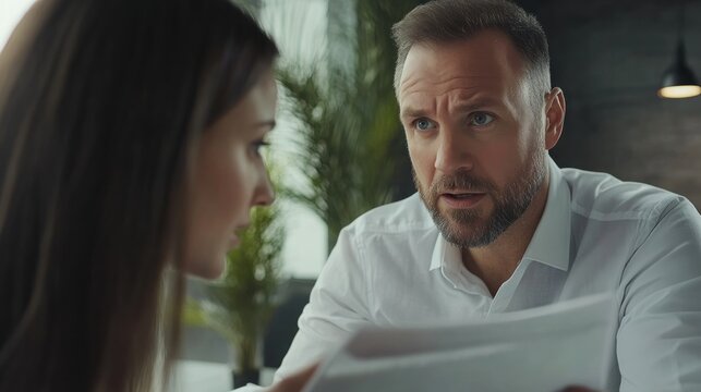 Serious Business Meeting, Man and Woman Review Documents