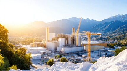 Industrial complex under construction, nestled in a mountain valley.  Sunrise illuminates the scene