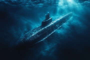 Modern submarine navigating through deep ocean waters