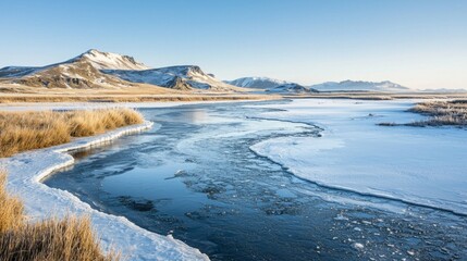 Serene Frozen Landscape with Snow-Capped Mountains and Ice River