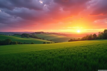 Fototapeta premium Breathtaking countryside landscape with rolling green hills at sunset, illuminated by golden sunlight and a colorful sky, creating a peaceful and picturesque rural scene
