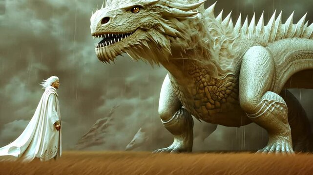 In a breathtaking landscape, an enchanting woman meets a majestic dragon, creating a mesmerizing experience filled with beauty and wonder that transcends the boundaries of reality