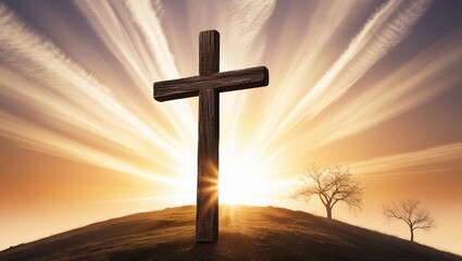 A wooden cross on a hill with a glowing sunrise in the background, symbolizing Easter Sunday resurrection and hope.