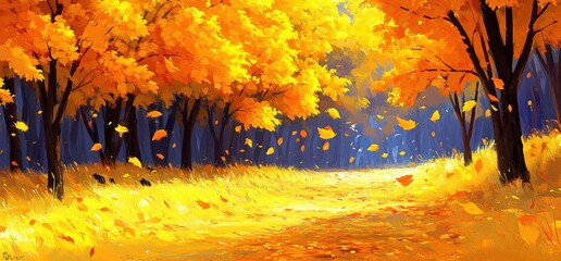 Golden autumn path, forest leaves fall, sunlight. Nature scene for calendar, cards