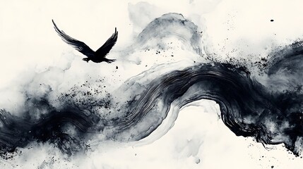 Fototapeta premium Raven Soaring with Ink Abstract.