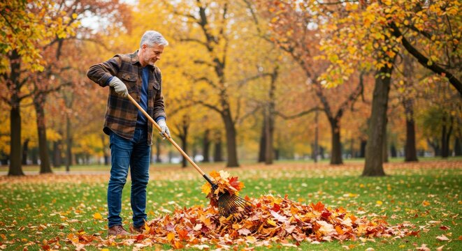 A 50-year-old man with graying temples raking autumn leaves in a spacious park. The warm fall tones of red, orange, and yellow fill the scene