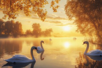 Fototapeta premium Swans swim gracefully in a tranquil lake at sunset, surrounded by autumn foliage