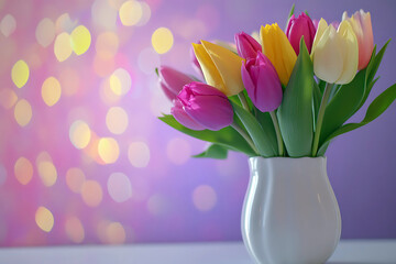 Colorful tulips in a vase with soft background lights create a cheerful atmosphere