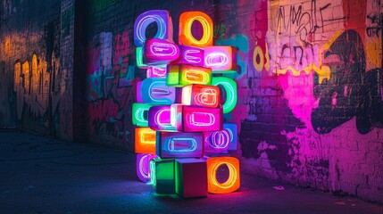 Neon Light Installation Against Urban Graffiti Wall at Night