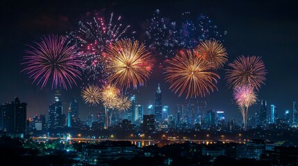 Naklejka premium Stunning Night Sky Fireworks Display Over Cityscape at Midnight