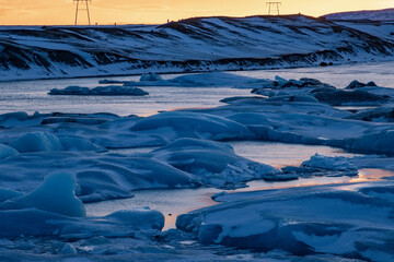 Beautiful sunset in Jökulsárlón Glacier Lagoon (South Iceland)
